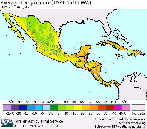 Mexico Central America and the Caribbean Average Temperature (USAF 557th WW) Thematic Map For 12/26/2022 - 1/1/2023