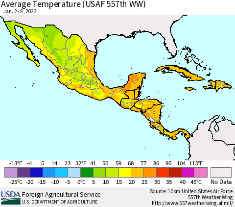 Mexico Central America and the Caribbean Average Temperature (USAF 557th WW) Thematic Map For 1/2/2023 - 1/8/2023