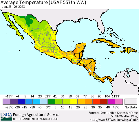 Mexico Central America and the Caribbean Average Temperature (USAF 557th WW) Thematic Map For 1/23/2023 - 1/29/2023