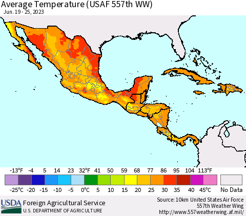 Mexico Central America and the Caribbean Average Temperature (USAF 557th WW) Thematic Map For 6/19/2023 - 6/25/2023