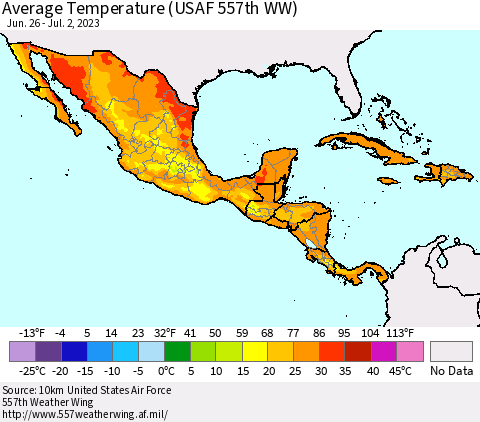 Mexico Central America and the Caribbean Average Temperature (USAF 557th WW) Thematic Map For 6/26/2023 - 7/2/2023