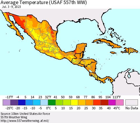 Mexico Central America and the Caribbean Average Temperature (USAF 557th WW) Thematic Map For 7/3/2023 - 7/9/2023