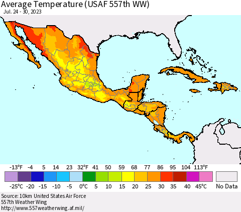 Mexico Central America and the Caribbean Average Temperature (USAF 557th WW) Thematic Map For 7/24/2023 - 7/30/2023