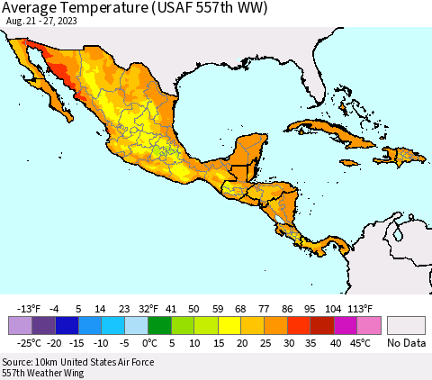 Mexico Central America and the Caribbean Average Temperature (USAF 557th WW) Thematic Map For 8/21/2023 - 8/27/2023