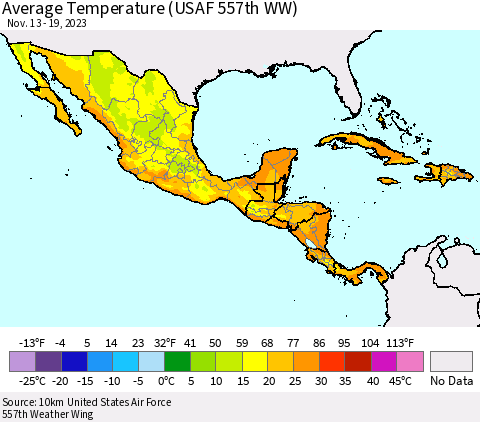 Mexico Central America and the Caribbean Average Temperature (USAF 557th WW) Thematic Map For 11/13/2023 - 11/19/2023