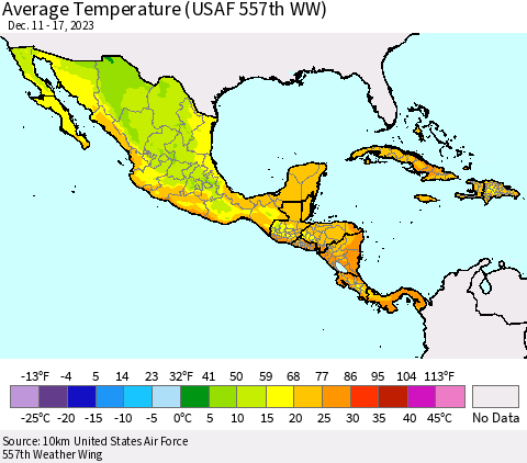 Mexico Central America and the Caribbean Average Temperature (USAF 557th WW) Thematic Map For 12/11/2023 - 12/17/2023