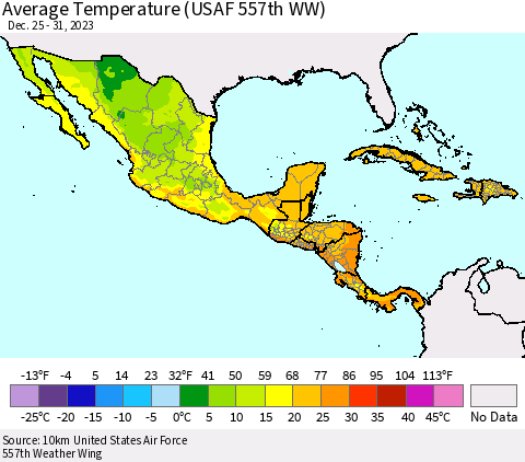Mexico Central America and the Caribbean Average Temperature (USAF 557th WW) Thematic Map For 12/25/2023 - 12/31/2023