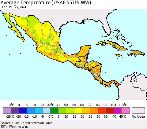 Mexico Central America and the Caribbean Average Temperature (USAF 557th WW) Thematic Map For 2/19/2024 - 2/25/2024