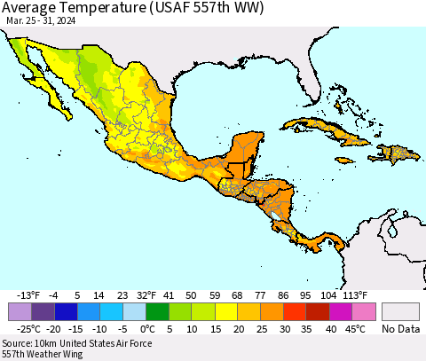 Mexico Central America and the Caribbean Average Temperature (USAF 557th WW) Thematic Map For 3/25/2024 - 3/31/2024