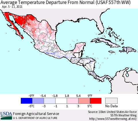 Mexico Central America and the Caribbean Average Temperature Departure from Normal (USAF 557th WW) Thematic Map For 4/5/2021 - 4/11/2021