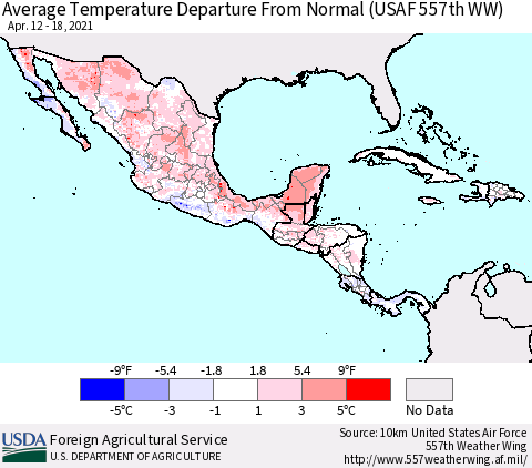 Mexico Central America and the Caribbean Average Temperature Departure from Normal (USAF 557th WW) Thematic Map For 4/12/2021 - 4/18/2021