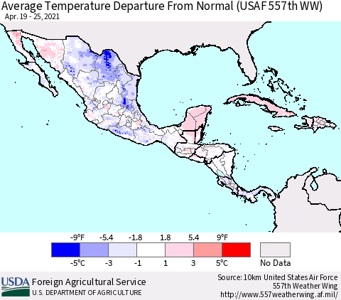 Mexico Central America and the Caribbean Average Temperature Departure from Normal (USAF 557th WW) Thematic Map For 4/19/2021 - 4/25/2021