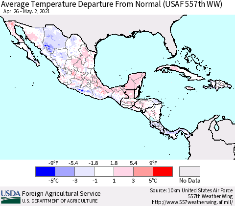 Mexico Central America and the Caribbean Average Temperature Departure from Normal (USAF 557th WW) Thematic Map For 4/26/2021 - 5/2/2021