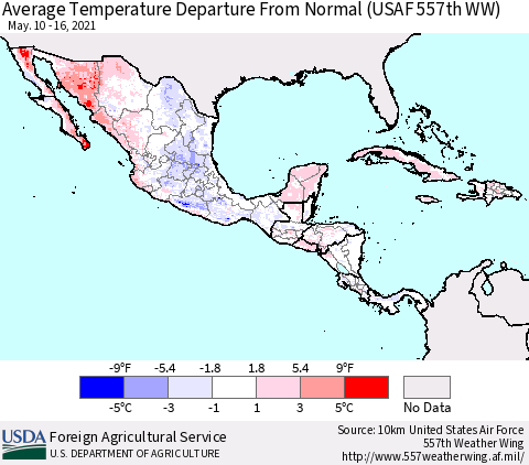 Mexico Central America and the Caribbean Average Temperature Departure from Normal (USAF 557th WW) Thematic Map For 5/10/2021 - 5/16/2021
