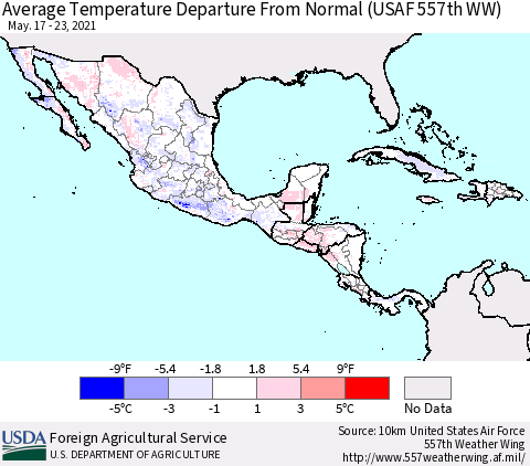 Mexico Central America and the Caribbean Average Temperature Departure from Normal (USAF 557th WW) Thematic Map For 5/17/2021 - 5/23/2021