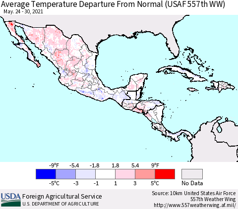 Mexico Central America and the Caribbean Average Temperature Departure from Normal (USAF 557th WW) Thematic Map For 5/24/2021 - 5/30/2021