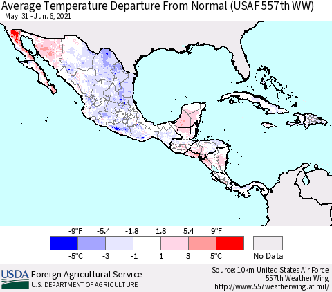 Mexico Central America and the Caribbean Average Temperature Departure from Normal (USAF 557th WW) Thematic Map For 5/31/2021 - 6/6/2021