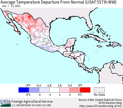 Mexico Central America and the Caribbean Average Temperature Departure from Normal (USAF 557th WW) Thematic Map For 6/7/2021 - 6/13/2021