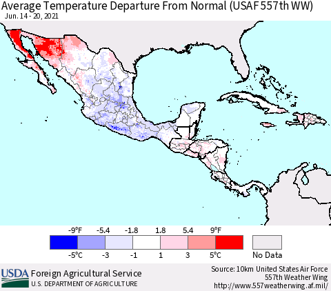 Mexico Central America and the Caribbean Average Temperature Departure from Normal (USAF 557th WW) Thematic Map For 6/14/2021 - 6/20/2021