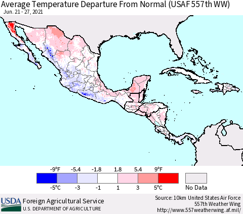 Mexico Central America and the Caribbean Average Temperature Departure from Normal (USAF 557th WW) Thematic Map For 6/21/2021 - 6/27/2021
