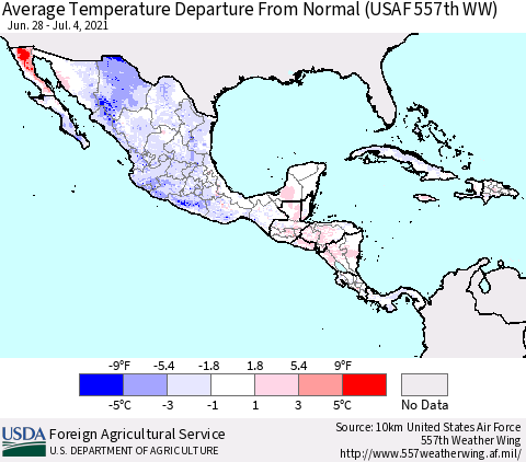 Mexico Central America and the Caribbean Average Temperature Departure from Normal (USAF 557th WW) Thematic Map For 6/28/2021 - 7/4/2021