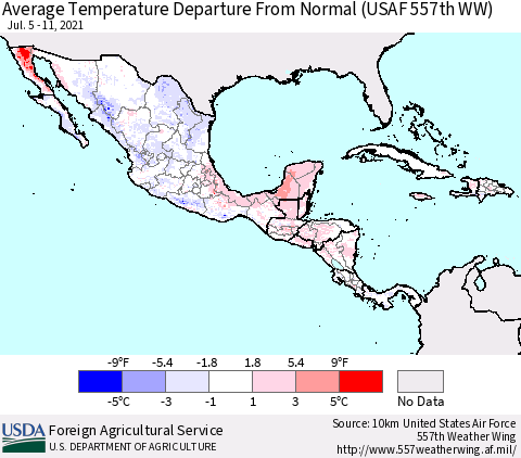 Mexico Central America and the Caribbean Average Temperature Departure from Normal (USAF 557th WW) Thematic Map For 7/5/2021 - 7/11/2021