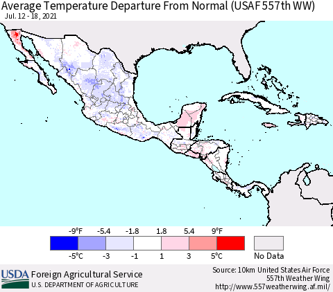 Mexico Central America and the Caribbean Average Temperature Departure from Normal (USAF 557th WW) Thematic Map For 7/12/2021 - 7/18/2021