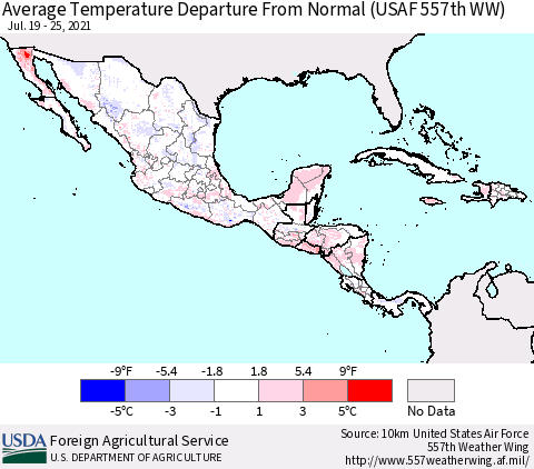 Mexico Central America and the Caribbean Average Temperature Departure from Normal (USAF 557th WW) Thematic Map For 7/19/2021 - 7/25/2021