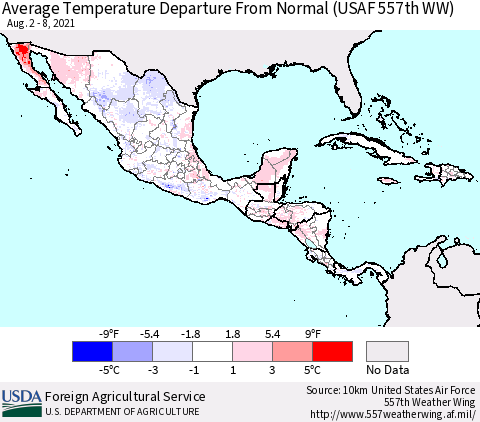 Mexico Central America and the Caribbean Average Temperature Departure from Normal (USAF 557th WW) Thematic Map For 8/2/2021 - 8/8/2021