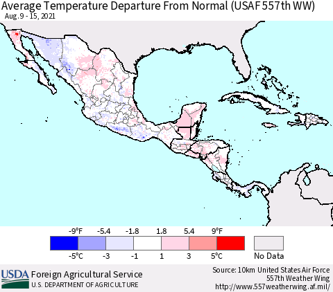 Mexico Central America and the Caribbean Average Temperature Departure from Normal (USAF 557th WW) Thematic Map For 8/9/2021 - 8/15/2021