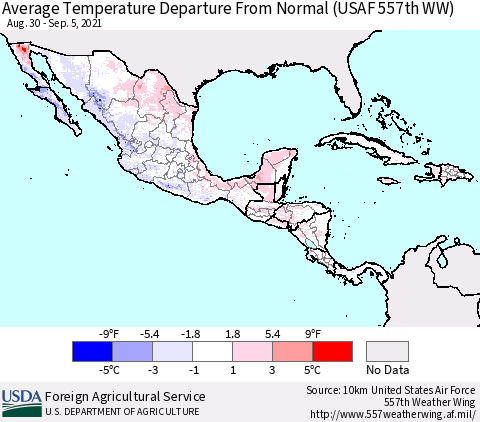 Mexico Central America and the Caribbean Average Temperature Departure from Normal (USAF 557th WW) Thematic Map For 8/30/2021 - 9/5/2021