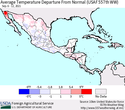 Mexico Central America and the Caribbean Average Temperature Departure from Normal (USAF 557th WW) Thematic Map For 9/6/2021 - 9/12/2021