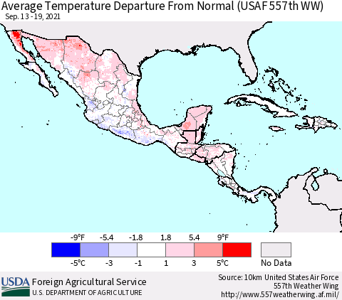 Mexico Central America and the Caribbean Average Temperature Departure from Normal (USAF 557th WW) Thematic Map For 9/13/2021 - 9/19/2021