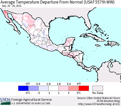 Mexico Central America and the Caribbean Average Temperature Departure from Normal (USAF 557th WW) Thematic Map For 9/20/2021 - 9/26/2021
