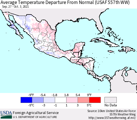 Mexico Central America and the Caribbean Average Temperature Departure from Normal (USAF 557th WW) Thematic Map For 9/27/2021 - 10/3/2021