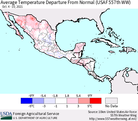 Mexico Central America and the Caribbean Average Temperature Departure from Normal (USAF 557th WW) Thematic Map For 10/4/2021 - 10/10/2021