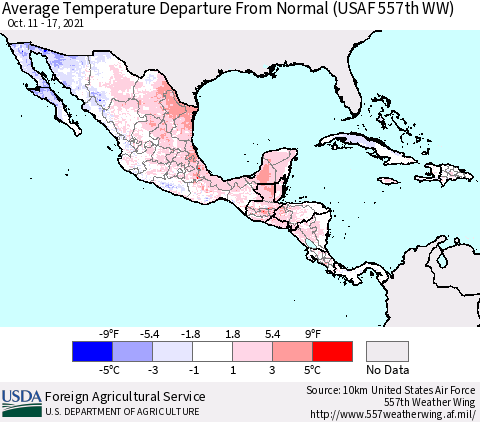 Mexico Central America and the Caribbean Average Temperature Departure from Normal (USAF 557th WW) Thematic Map For 10/11/2021 - 10/17/2021