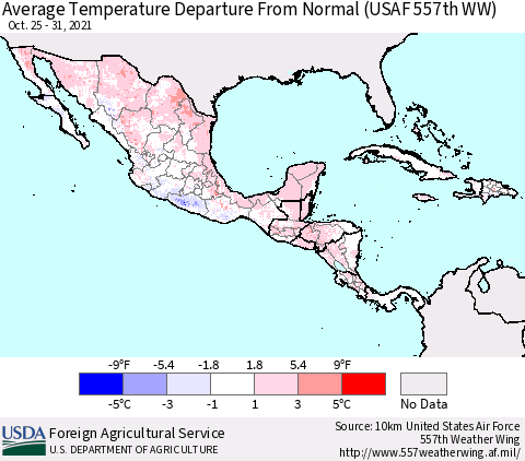 Mexico Central America and the Caribbean Average Temperature Departure from Normal (USAF 557th WW) Thematic Map For 10/25/2021 - 10/31/2021