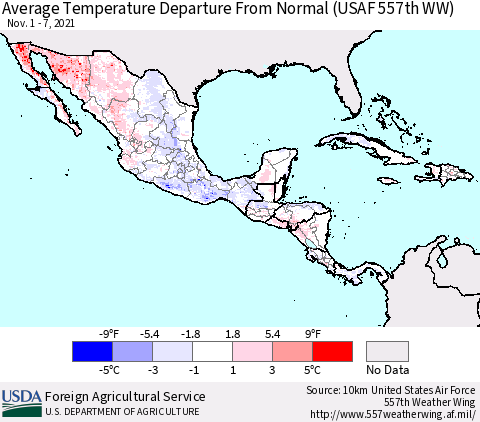 Mexico Central America and the Caribbean Average Temperature Departure from Normal (USAF 557th WW) Thematic Map For 11/1/2021 - 11/7/2021