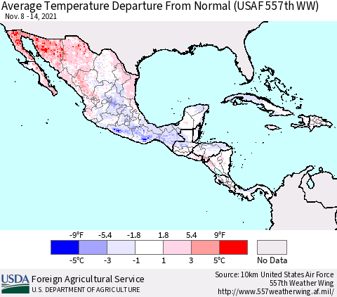 Mexico Central America and the Caribbean Average Temperature Departure from Normal (USAF 557th WW) Thematic Map For 11/8/2021 - 11/14/2021