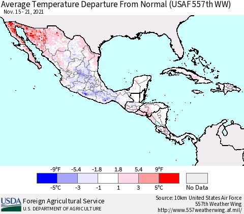Mexico Central America and the Caribbean Average Temperature Departure from Normal (USAF 557th WW) Thematic Map For 11/15/2021 - 11/21/2021