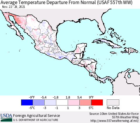 Mexico Central America and the Caribbean Average Temperature Departure from Normal (USAF 557th WW) Thematic Map For 11/22/2021 - 11/28/2021