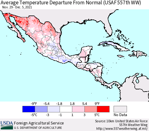 Mexico Central America and the Caribbean Average Temperature Departure from Normal (USAF 557th WW) Thematic Map For 11/29/2021 - 12/5/2021