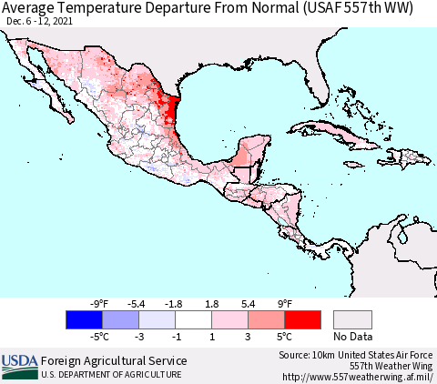 Mexico Central America and the Caribbean Average Temperature Departure from Normal (USAF 557th WW) Thematic Map For 12/6/2021 - 12/12/2021