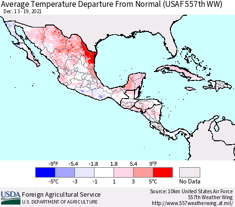 Mexico Central America and the Caribbean Average Temperature Departure from Normal (USAF 557th WW) Thematic Map For 12/13/2021 - 12/19/2021