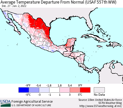 Mexico Central America and the Caribbean Average Temperature Departure from Normal (USAF 557th WW) Thematic Map For 12/27/2021 - 1/2/2022