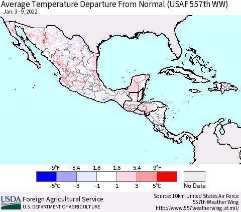 Mexico Central America and the Caribbean Average Temperature Departure from Normal (USAF 557th WW) Thematic Map For 1/3/2022 - 1/9/2022