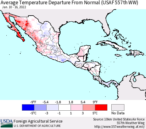 Mexico Central America and the Caribbean Average Temperature Departure from Normal (USAF 557th WW) Thematic Map For 1/10/2022 - 1/16/2022