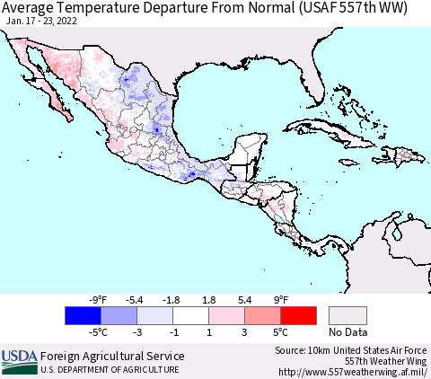 Mexico Central America and the Caribbean Average Temperature Departure from Normal (USAF 557th WW) Thematic Map For 1/17/2022 - 1/23/2022