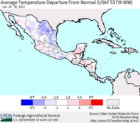 Mexico Central America and the Caribbean Average Temperature Departure from Normal (USAF 557th WW) Thematic Map For 1/24/2022 - 1/30/2022